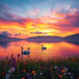 A stunning, serene landscape featuring a vibrant sunset over a tranquil lake surrounded by majestic mountains