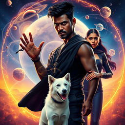 A striking cinematic magical fantasy film poster featuring a dark-skinned 27-year-old Indian man with short hair, dressed in a sleek black shrug and black cargo pants, confidently practicing black magic