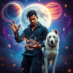 A striking cinematic magical fantasy film poster featuring a dark-skinned 27-year-old Indian man with short hair, dressed in a sleek black shrug and black cargo pants, confidently practicing black magic