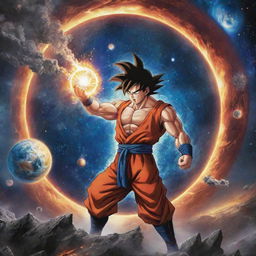 Alter the intense image to include a mysterious and peculiar object piercing the cosmos, catching the grieving Goku's and the explorer's attention amidst the chaos of the exploding planet.