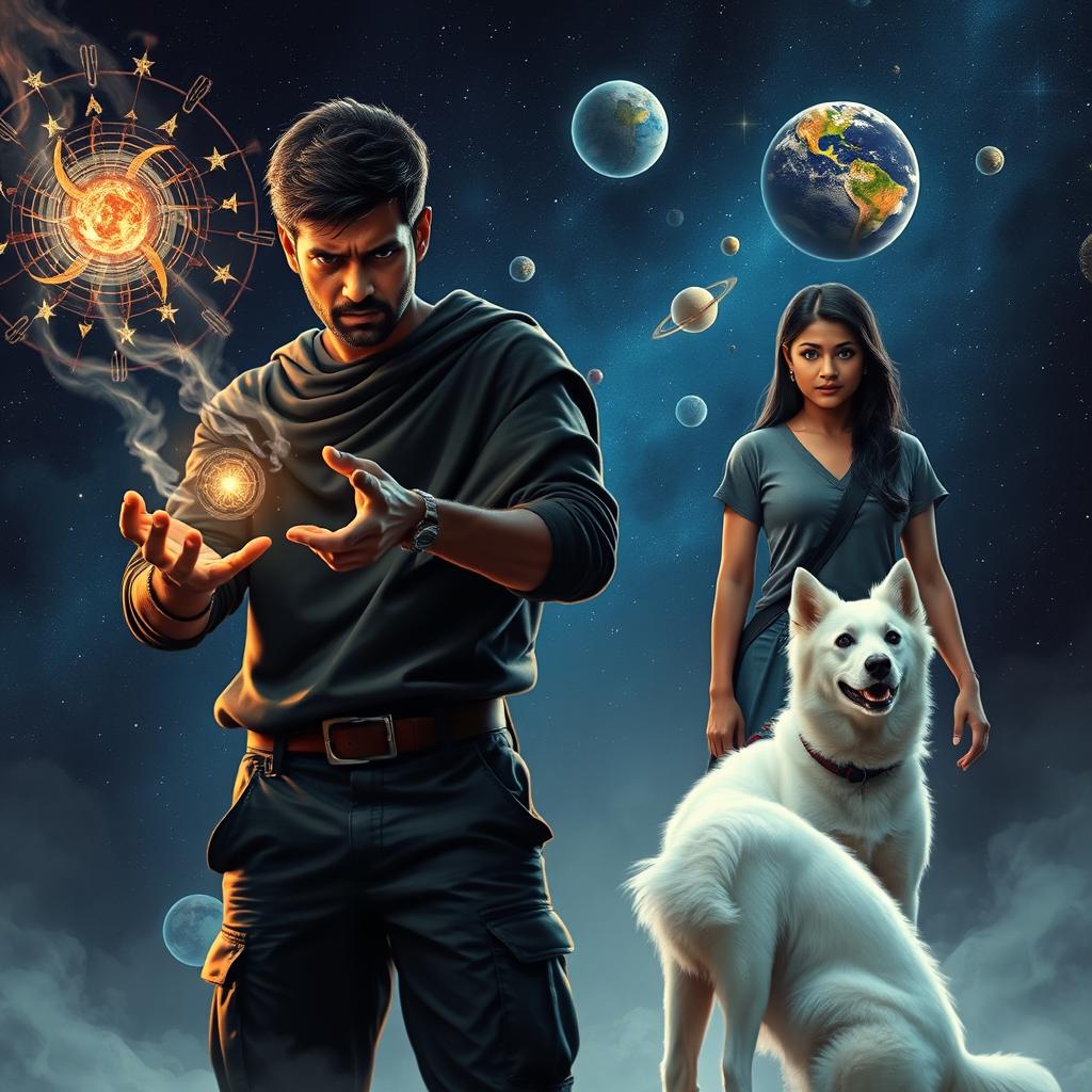 A cinematic fantasy film poster featuring a 27-year-old Indian man with dark skin and short hair, wearing a black shrug and black cargo pants, engaged in performing black magic