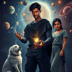 A cinematic fantasy film poster featuring a 27-year-old Indian man with dark skin and short hair, wearing a black shrug and black cargo pants, engaged in performing black magic