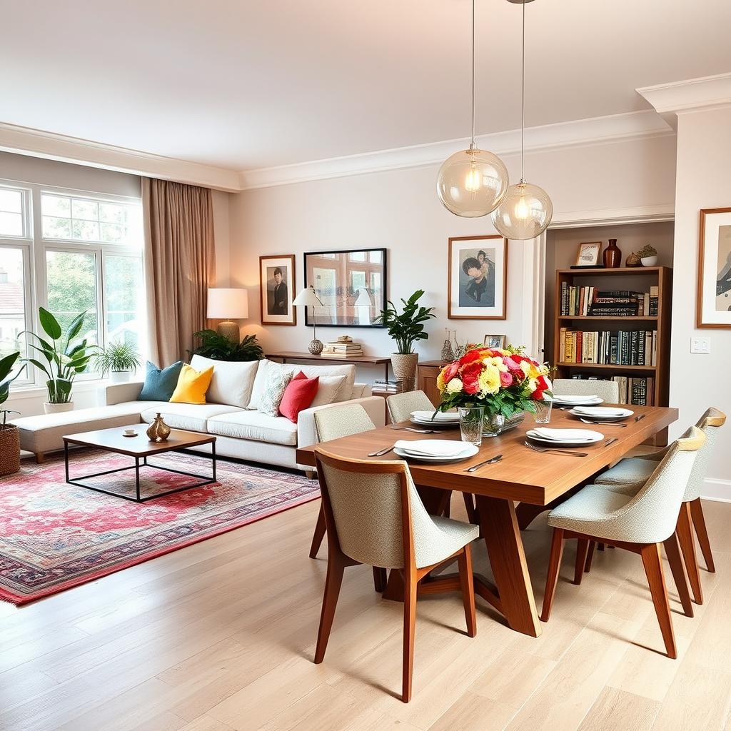 A beautifully decorated living and dining room combined in an open-plan design