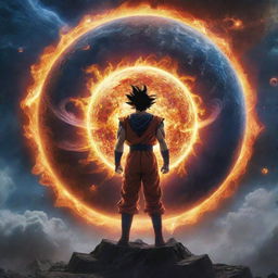 Alter the intense image to include a mysterious and peculiar object piercing the cosmos, catching the grieving Goku's and the explorer's attention amidst the chaos of the exploding planet.