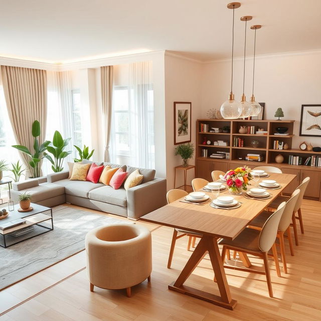 A beautifully decorated living and dining room combined in an open-plan design