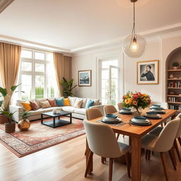 A beautifully decorated living and dining room combined in an open-plan design