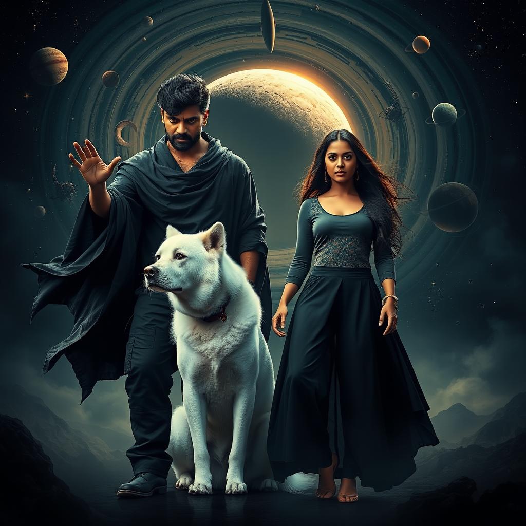 A dramatic cinematic poster featuring a 27-year-old Indian man with a dark complexion and short hair, wearing a flowing black shrug and black cargo pants, engaged in an intense act of black magic