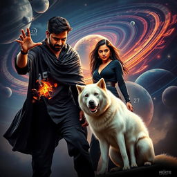 A dramatic cinematic poster featuring a 27-year-old Indian man with a dark complexion and short hair, wearing a flowing black shrug and black cargo pants, engaged in an intense act of black magic