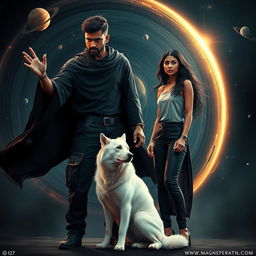 A dramatic cinematic poster featuring a 27-year-old Indian man with a dark complexion and short hair, wearing a flowing black shrug and black cargo pants, engaged in an intense act of black magic