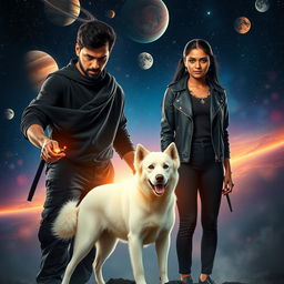 A cinematic magical fantasy film poster featuring a 27-year-old Indian man with a dark complexion and short hair, dressed in a black shrug and black cargo pants, engaging in black magic