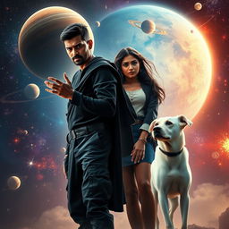 A cinematic magical fantasy film poster featuring a 27-year-old Indian man with a dark complexion and short hair, dressed in a black shrug and black cargo pants, engaging in black magic