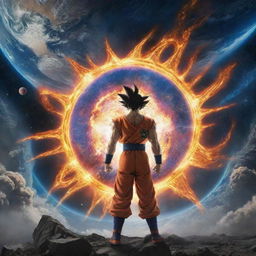 Alter the intense image to include a mysterious and peculiar object piercing the cosmos, catching the grieving Goku's and the explorer's attention amidst the chaos of the exploding planet.