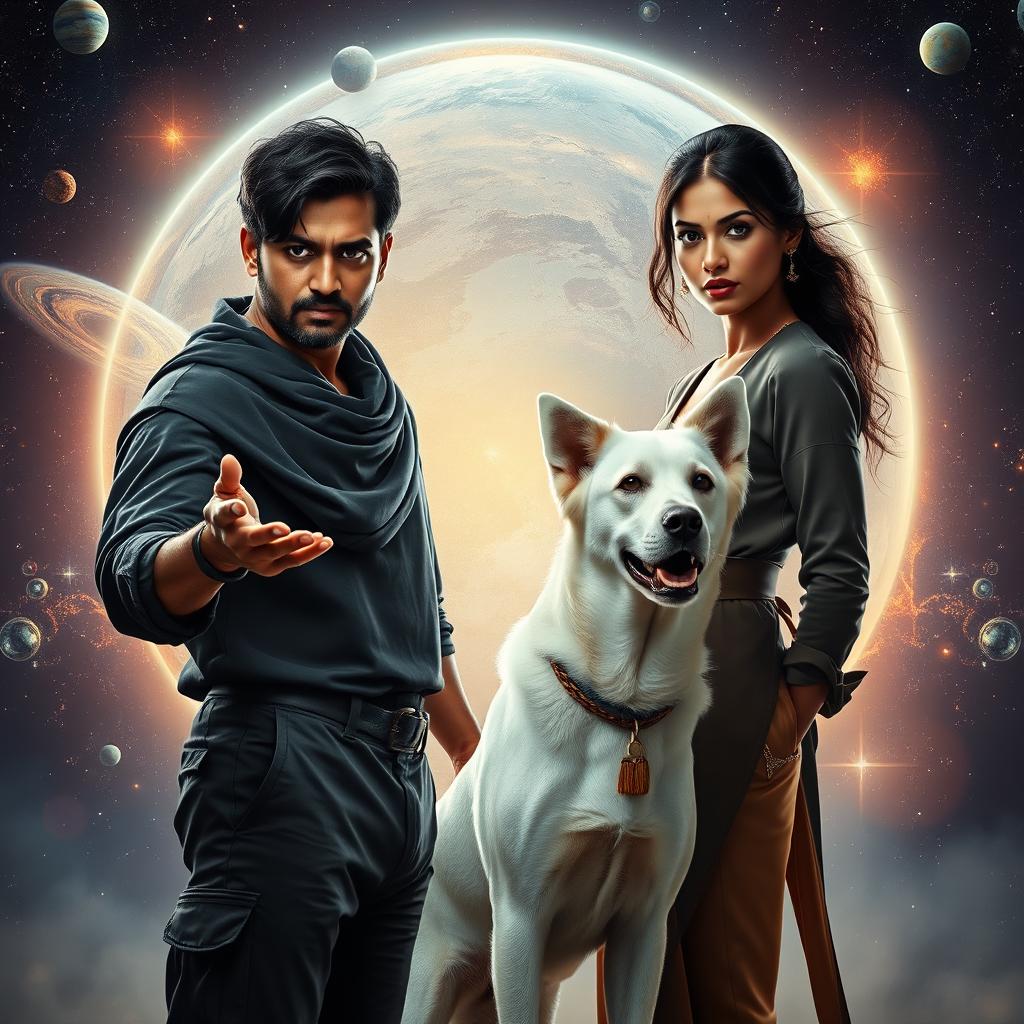 A cinematic magical fantasy film poster featuring a 27-year-old Indian man with a dark complexion and short hair, dressed in a black shrug and black cargo pants, engaging in black magic