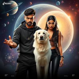 A cinematic magical fantasy film poster featuring a 27-year-old Indian man with a dark complexion and short hair, dressed in a black shrug and black cargo pants, performing an incantation for black magic