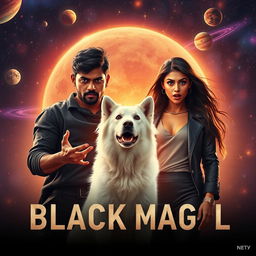 A cinematic magical fantasy film poster featuring a 27-year-old Indian man with a dark complexion and short hair, dressed in a black shrug and black cargo pants, performing an incantation for black magic