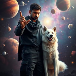 A cinematic magical fantasy film poster featuring a 27-year-old Indian man with a dark complexion and short hair, dressed in a black shrug and black cargo pants, performing an incantation for black magic