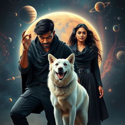 A cinematic magical fantasy film poster featuring a 27-year-old Indian man with a dark complexion and short hair, dressed in a black shrug and black cargo pants, performing an incantation for black magic