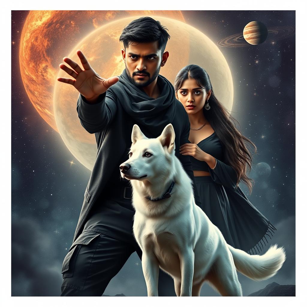 A cinematic magical fantasy film poster featuring a 27-year-old Indian man with a dark complexion and short hair, wearing a stylish black shrug and black cargo pants, performing black magic