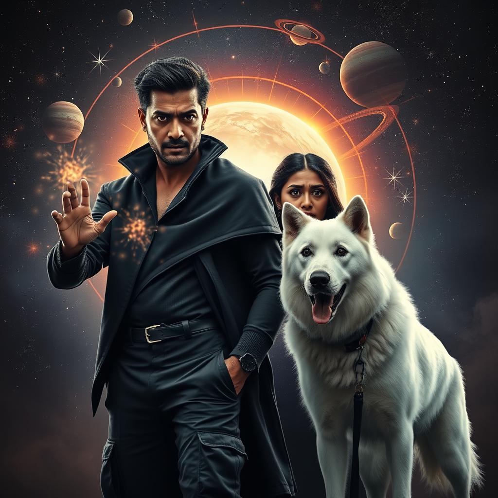 A cinematic magical fantasy film poster featuring a 27-year-old Indian man with a dark complexion and short hair, wearing a stylish black shrug and black cargo pants, performing black magic