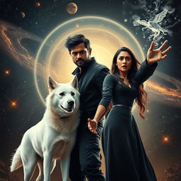 A cinematic magical fantasy film poster featuring a 27-year-old Indian man with a dark complexion and short hair, wearing a stylish black shrug and black cargo pants, performing black magic