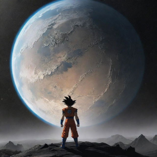 In this interstellar tableau, introduce an ominously ambiguous shadow looming in the distance, presenting a new mystery in this rich narrative for Goku and the explorer, against the remains of the exploding planet.