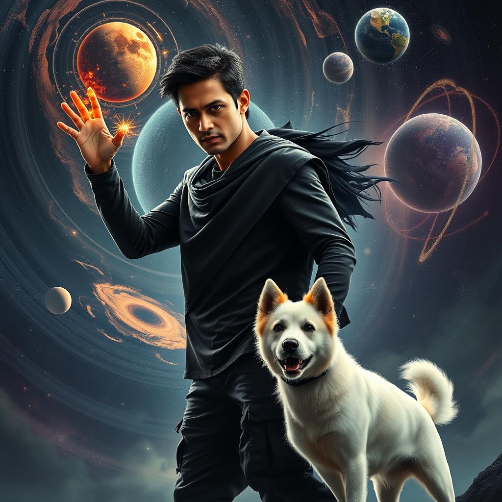 A cinematic magical fantasy film poster featuring a 27-year-old Indian man with a dark complexion and short hair, dressed in a sleek black shrug and black cargo pants, casting spells as he performs black magic