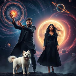 A cinematic magical fantasy film poster featuring a 27-year-old Indian man with a dark complexion and short hair, dressed in a sleek black shrug and black cargo pants, casting spells as he performs black magic