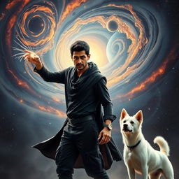 A cinematic magical fantasy film poster featuring a 27-year-old Indian man with a dark complexion and short hair, dressed in a sleek black shrug and black cargo pants, casting spells as he performs black magic