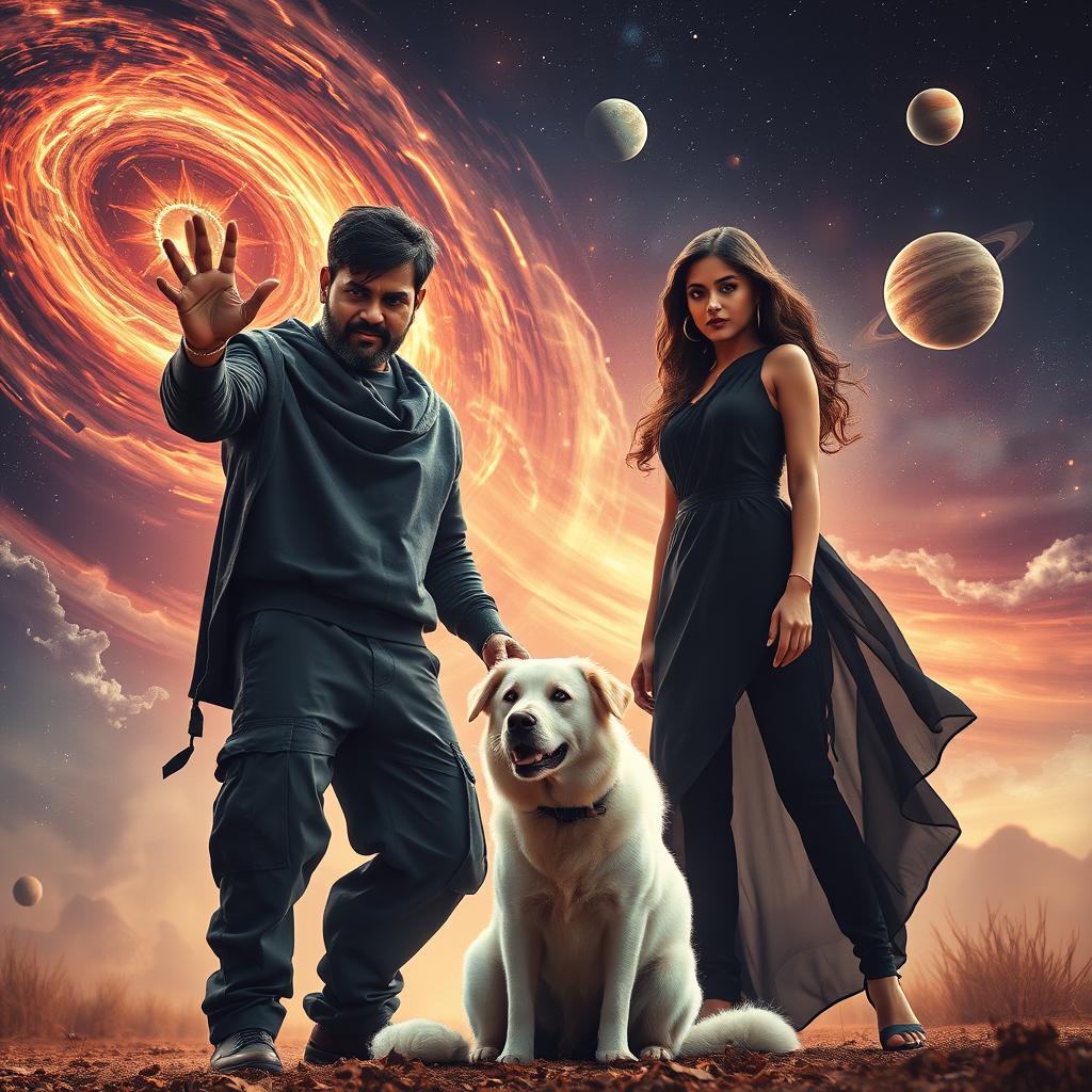 A cinematic fantasy film poster featuring a 27-year-old Indian man with a dark face and short hair, dressed in a stylish black shrug and black cargo pants, performing black magic amid a swirling display of magical energy