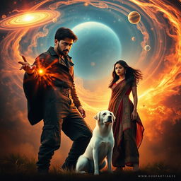 A cinematic fantasy film poster featuring a 27-year-old Indian man with a dark face and short hair, dressed in a stylish black shrug and black cargo pants, performing black magic amid a swirling display of magical energy