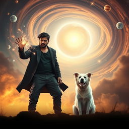 A cinematic fantasy film poster featuring a 27-year-old Indian man with a dark face and short hair, dressed in a stylish black shrug and black cargo pants, performing black magic amid a swirling display of magical energy