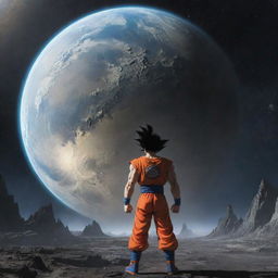 In this interstellar tableau, introduce an ominously ambiguous shadow looming in the distance, presenting a new mystery in this rich narrative for Goku and the explorer, against the remains of the exploding planet.