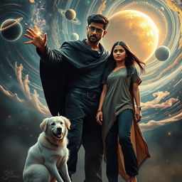 A cinematic fantasy film poster featuring a 27-year-old Indian man with a dark face and short hair, dressed in a stylish black shrug and black cargo pants, performing black magic amid a swirling display of magical energy