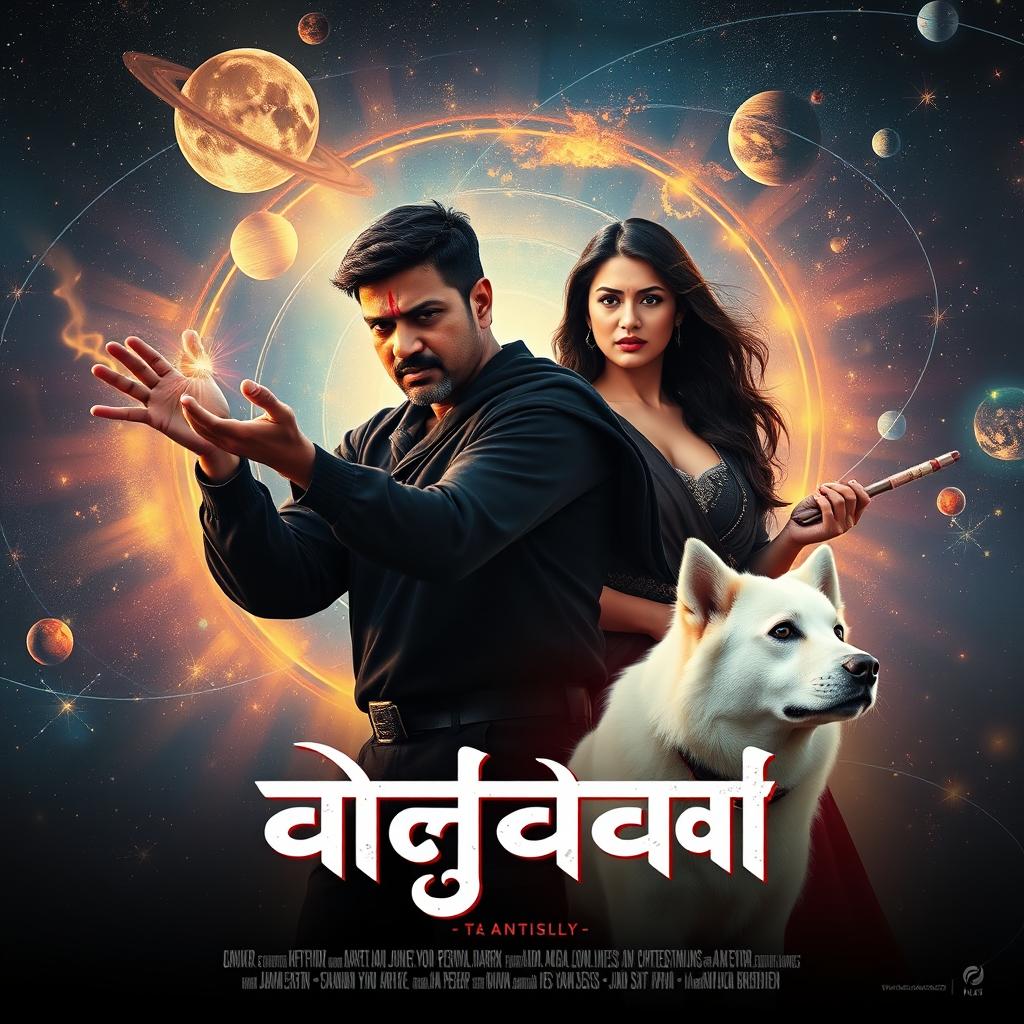 A cinematic magical fantasy film poster featuring a 27-year-old Indian man with a dark complexion and short hair, dressed in a black shrug and black cargo pants, performing black magic