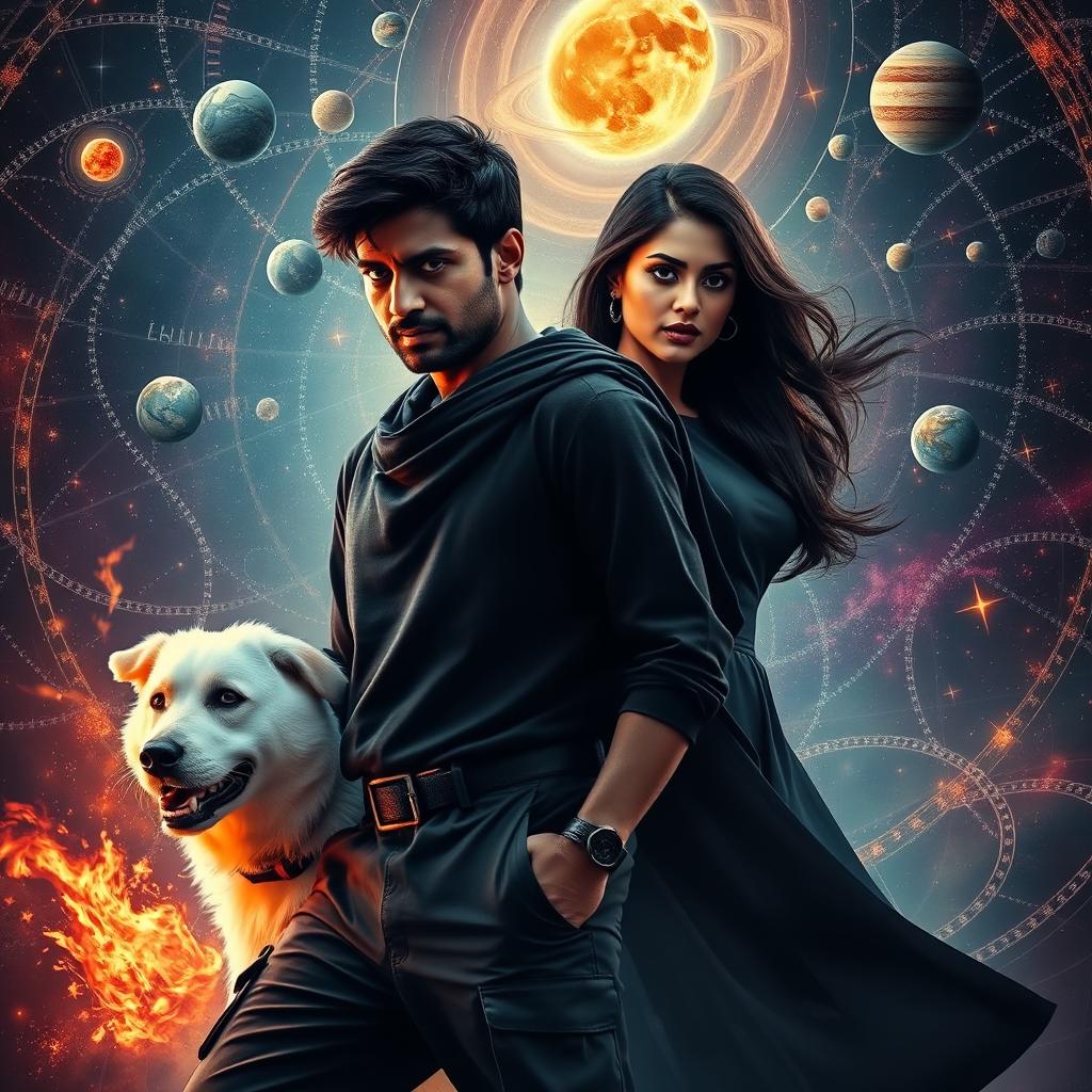 A cinematic magical fantasy film poster featuring a 27-year-old Indian man with a dark complexion and short hair, dressed in a black shrug and black cargo pants, performing black magic