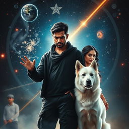 A cinematic magical fantasy film poster featuring a 27-year-old Indian man with a dark complexion and short hair, dressed in a black shrug and black cargo pants, performing black magic