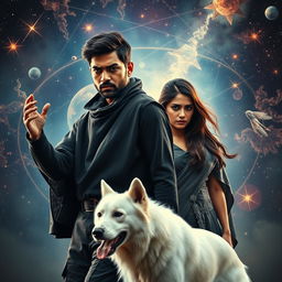 A cinematic magical fantasy film poster featuring a 27-year-old Indian man with a dark complexion and short hair, dressed in a black shrug and black cargo pants, performing black magic