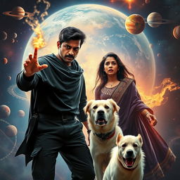 A cinematic action fantasy film poster featuring a 27-year-old Indian man with a dark complexion and short hair, wearing a black shrug and black cargo pants, performing dark magic