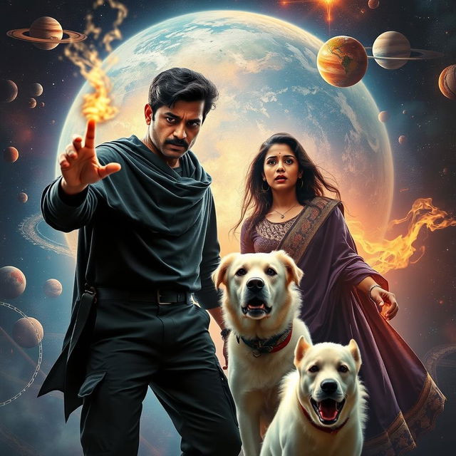 A cinematic action fantasy film poster featuring a 27-year-old Indian man with a dark complexion and short hair, wearing a black shrug and black cargo pants, performing dark magic