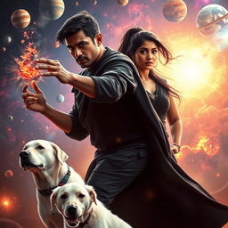 A cinematic action fantasy film poster featuring a 27-year-old Indian man with a dark complexion and short hair, wearing a black shrug and black cargo pants, performing dark magic