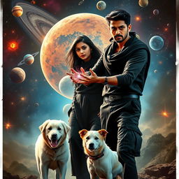 A cinematic action fantasy film poster featuring a 27-year-old Indian man with a dark complexion and short hair, wearing a black shrug and black cargo pants, performing dark magic