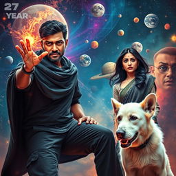 A cinematic action fantasy film poster featuring a 27-year-old Indian man with a dark complexion and short hair, wearing a black shrug and black cargo pants, performing dark magic