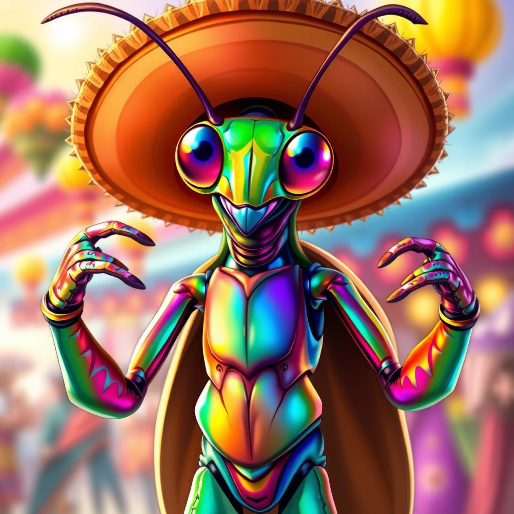 A vibrant and colorful illustration of a male insect humanoid character