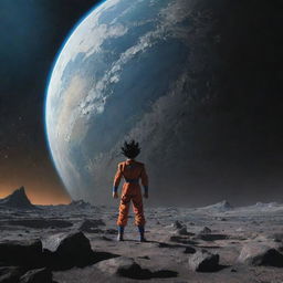 In this interstellar tableau, introduce an ominously ambiguous shadow looming in the distance, presenting a new mystery in this rich narrative for Goku and the explorer, against the remains of the exploding planet.