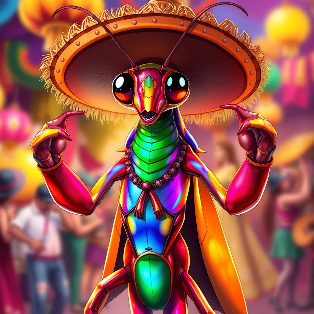 A vibrant and colorful illustration of a male insect humanoid character