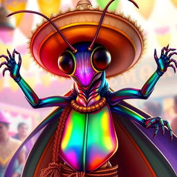 A vibrant and colorful illustration of a male insect humanoid character