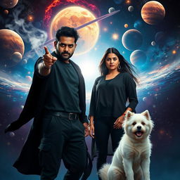 A cinematic magical fantasy film poster featuring a 27-year-old Indian man with a dark complexion and short hair, dressed in a black shrug and black cargo pants, casting dark magic with a dramatic flourish