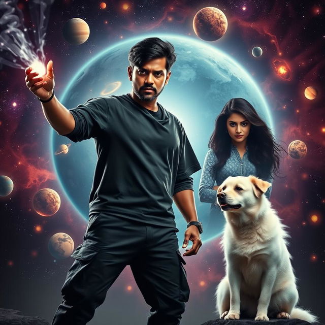 A cinematic magical fantasy film poster featuring a 27-year-old Indian man with a dark complexion and short hair, dressed in a black shrug and black cargo pants, casting dark magic with a dramatic flourish