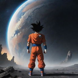 In this interstellar tableau, introduce an ominously ambiguous shadow looming in the distance, presenting a new mystery in this rich narrative for Goku and the explorer, against the remains of the exploding planet.