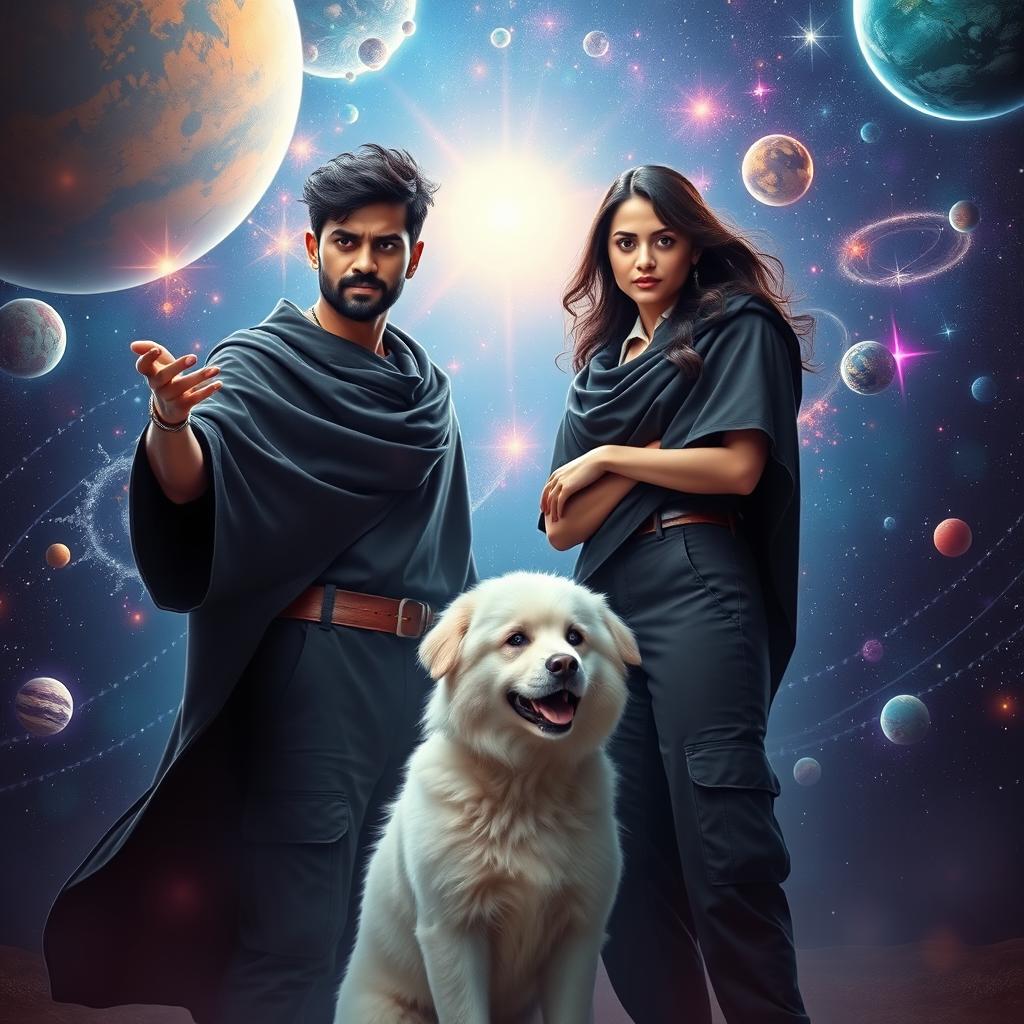 A stunning cinematic fantasy film poster showcasing a 27-year-old Indian man with a dark complexion and short hair, clad in a flowing black shrug and black cargo pants, as he skillfully performs dark magic